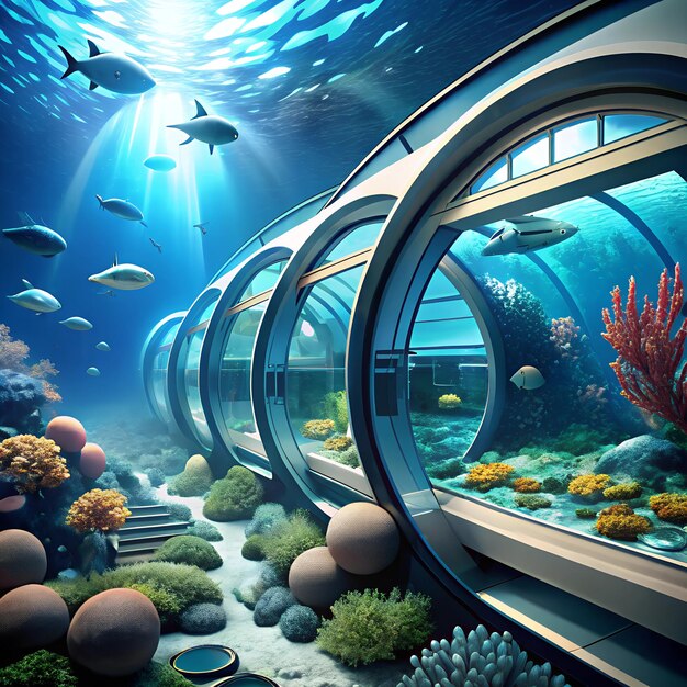 Photo advanced underwater research facility with large observation windows