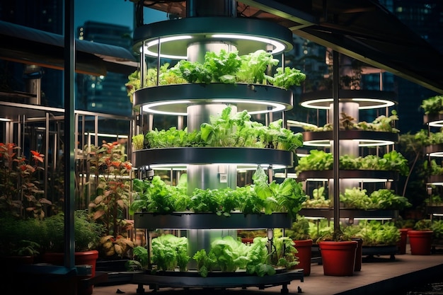 An Advanced Vertical Farm with LED Grow Lights Hydroponics and Automated EnergyEfficient Systems Generative AI