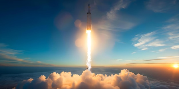 Advancement in space exploration symbolized by SpaceX rocket launch through clouds Concept SpaceX Rocket Launch Cloudy Sky Technology Advancement Space Exploration Symbolism