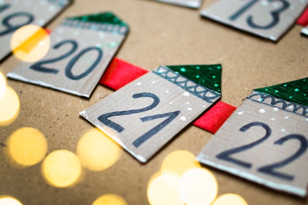 Advent calendar close up, selective focus. Family fun and Christmas traditions. Christmas and New Year atmosphere concept.