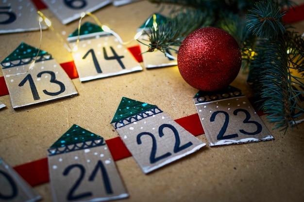 Advent calendar close up, selective focus. Family fun and Christmas traditions. Christmas and New Year atmosphere concept.