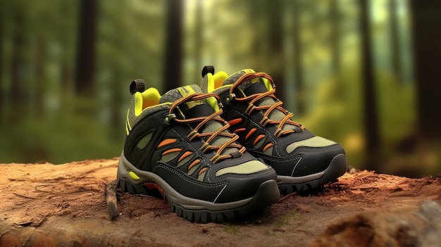 Adventure Awaits Childrens Sports Hiking Shoes Poised on a Forest Trail BackgroundxA