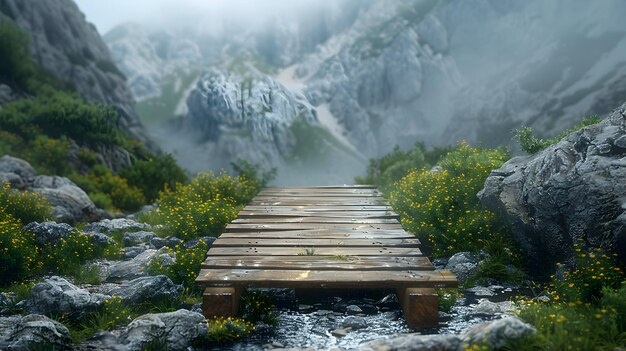 Adventure awaits High resolution photo of wooden bridge on mountain trail symbolizing backpacking