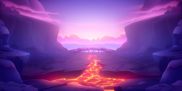 Adventure cartoon with lava unstable bridge over magma river rocky walls Concept Adventure Cartoon Lava Unstable Bridge Magma River