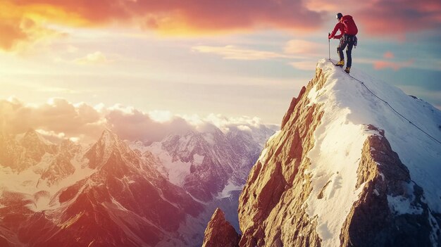 Adventure Climber atop Snowy Mountain Summit