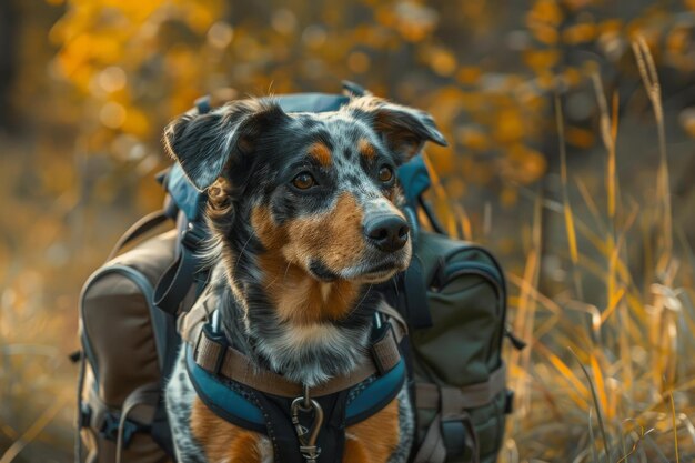 Photo adventure dog with backpack in autumn forest