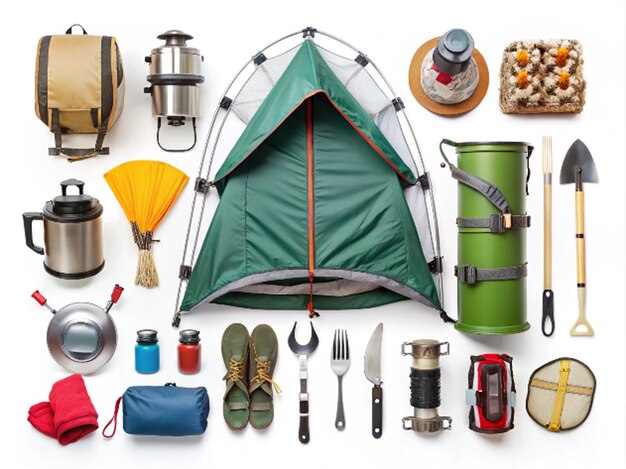 Photo adventure equipment gear for outdoor adventure top view of essential hiking gear and equipment