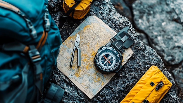 Photo adventure gear laid out on a rocky surface featuring a compass multitool and map