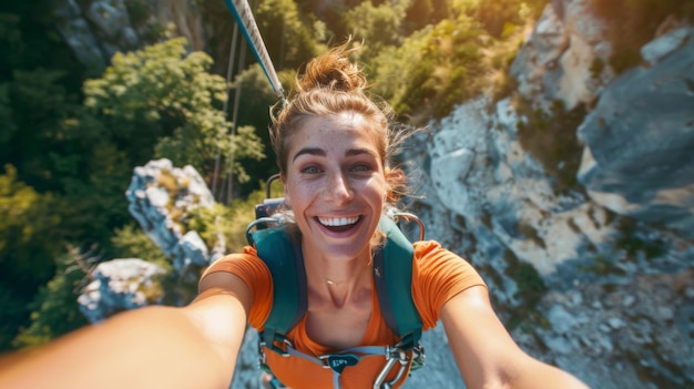 Adventure holiday Selfie shot during bungee jumping Rope jumping woman having fun extreme sports