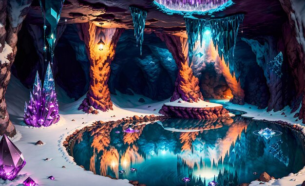 Photo an adventure into the deep caverns of literature a magical exploration of underground caves neon wonderland high quality generative ai post processed