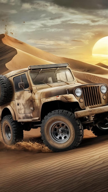 Adventure jeep car in the desert illustration