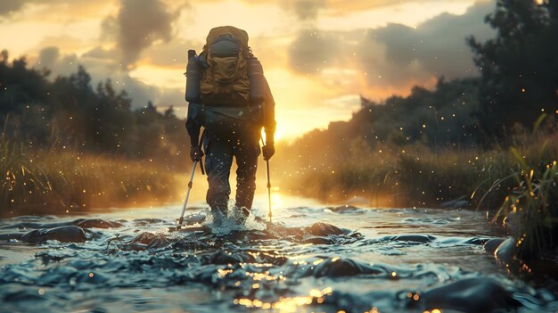 Adventure Seeker Backpacker Crossing River on Trail High Resolution Photo Stock Capturing Excitem