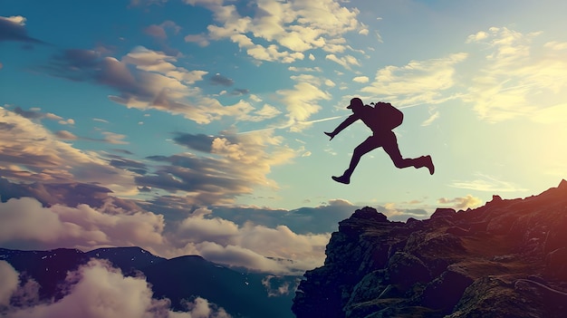 Adventure in the Sky Person Jumping Over a Mountain Edge at Sunset Freedom Risk and Excitement Ideal for Travel and Motivation AI