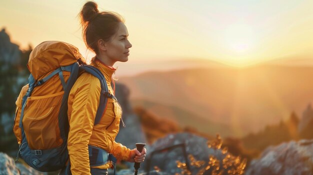 Adventure Woman Hiking at Sunrise in Mountain Landscape