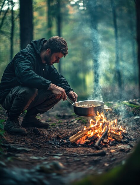 Adventurer cooking meal over campfire in tranquil forest