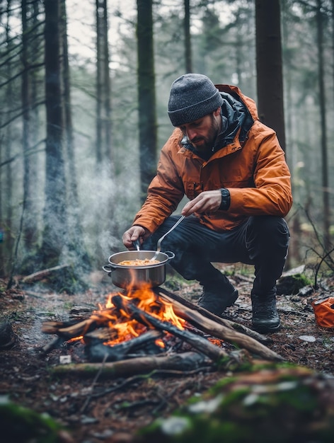 Adventurer cooking meal over campfire in tranquil forest