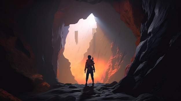 Adventurer hiker stand in mountain cave digital art illustration Generative AI