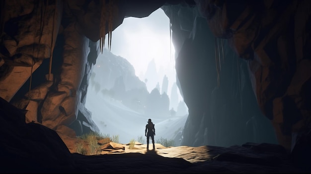 Adventurer hiker stand in mountain cave digital art illustration Generative AI