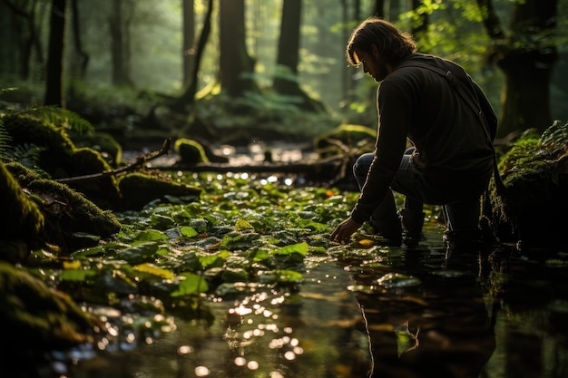 Adventurer Pause on the trail drinking water from the canteen surrounded by the forest generative IA