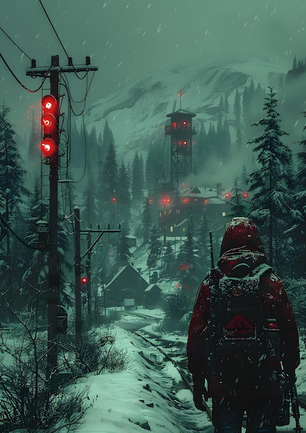 An adventurer walks in wintry landscape with red lights in snowy mountains feeling solitude and