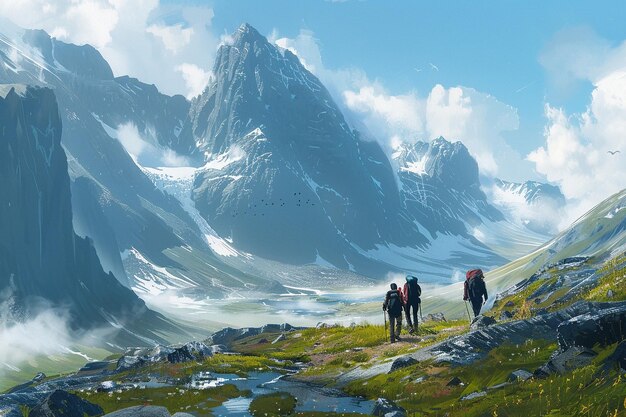 Adventurers crossing a high alpine plateau ar generative ai