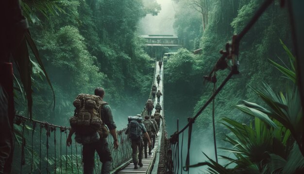 Adventurers crossing suspension bridge in dense jungle