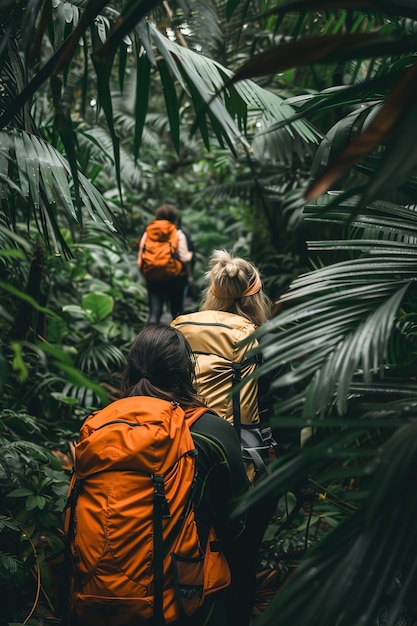 Photo adventurers exploring remote rainforest promoting ecotourism and conservation of biodiversity