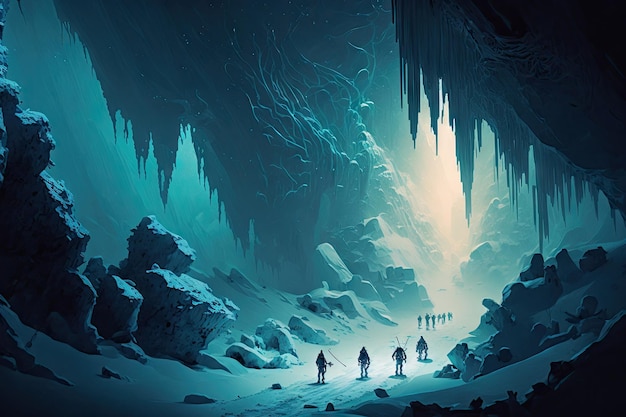 Adventurers exploring a vast frozen cavern with icy stalactites and stalagmites forming intricate pa