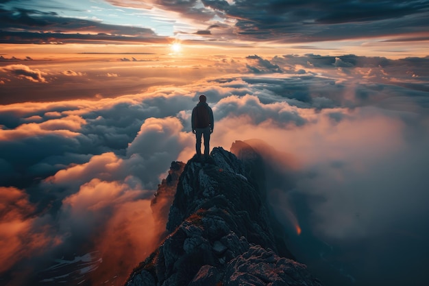 Adventurethemed wideangle shot of a person on a peak