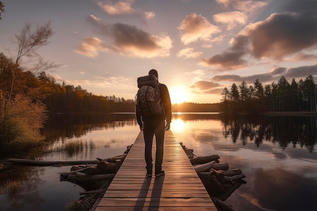 Adventurous Backpacker Crossing Wooden Bridge Over Lake