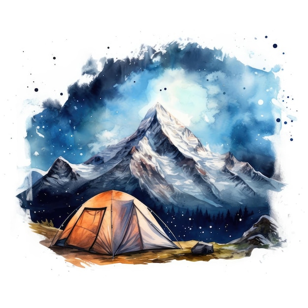 Adventurous camping scene with a tent overlooking a mountain range under a starfilled sky dramatic and expressive watercolor isolated on white background