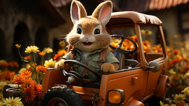 Adventurous cartoon rabbit driving an orange jeep through a field of flowers