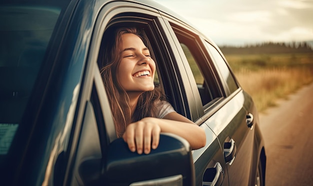 Adventurous caucasian lady embraces the freedom of the open road from the car window Creating using generative AI tools