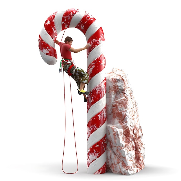 Photo adventurous climber scaling a giant candy cane