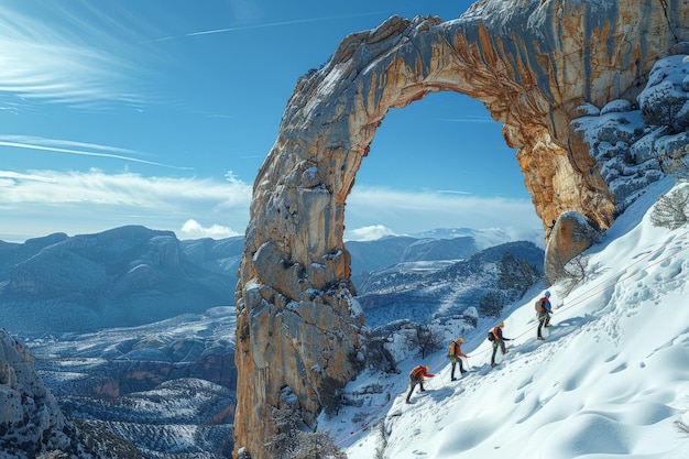 Adventurous climbers scaling a towering natural rock arch