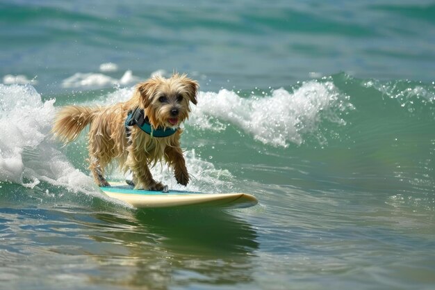 Photo adventurous dog on a surfboard riding a turquoise wave