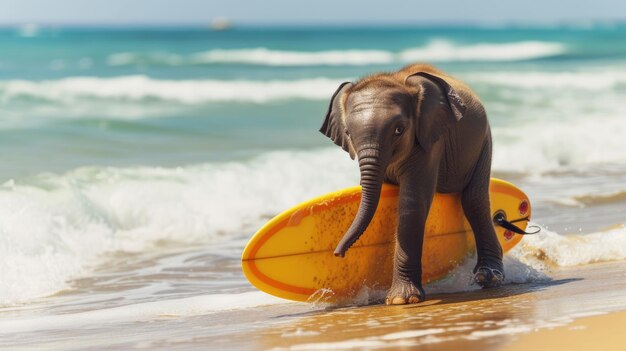 Photo adventurous elephant surfer catches waves embodying summer joy and beach excitement