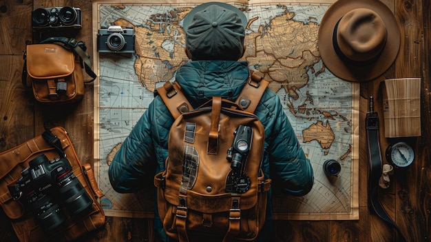 Photo adventurous explorer studying world map travel gear and equipment travel gear and equipme