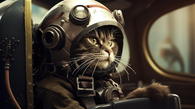 Adventurous Feline A Cat Wearing a Pilot Helmet Sitting in a Cockpit Ready for Takeoff