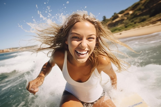 Adventurous female surfer having fun at the beach in summer