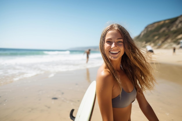 Adventurous female surfer having fun at the beach in summer