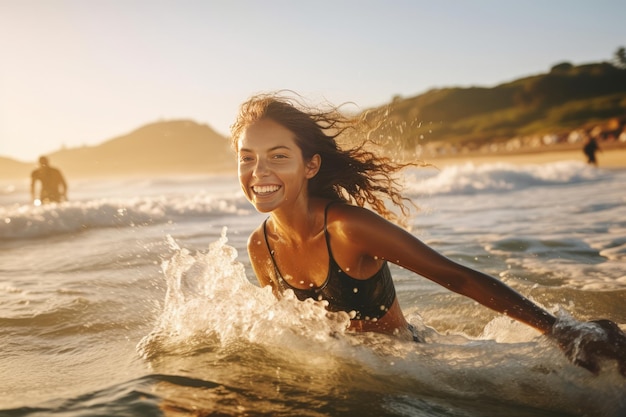 Adventurous female surfer having fun at the beach in summer