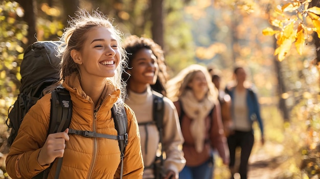 Photo adventurous friends exploring nature together in a vibrant and lush forest setting keywor