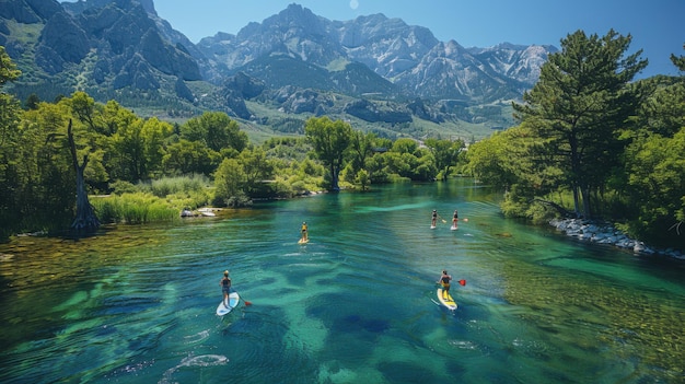 Adventurous Friends Paddleboarding on a Sunny Lake with Scenic Mountain View