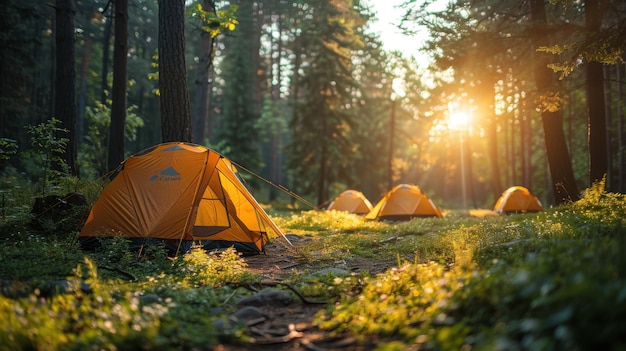 Adventurous Friends Pitching Tents in Sunny Forest Outdoor Camping Exploration