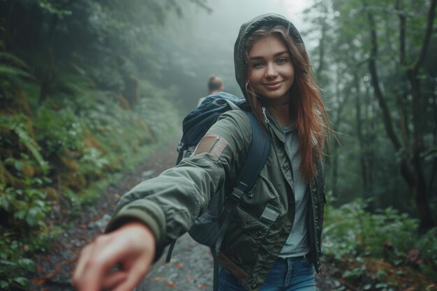 Photo adventurous girlfriend on mountain trail