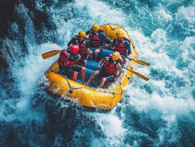 Adventurous group rafting down a roaring river