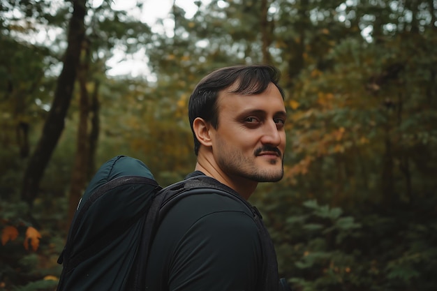 Photo adventurous hiker embracing nature in serene forest