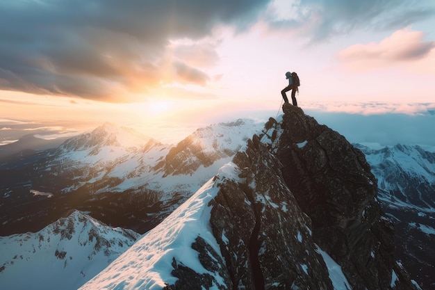 Adventurous hiker on mountain peak at sunrise