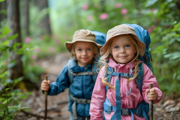 Photo adventurous kids hiking in natures embrace